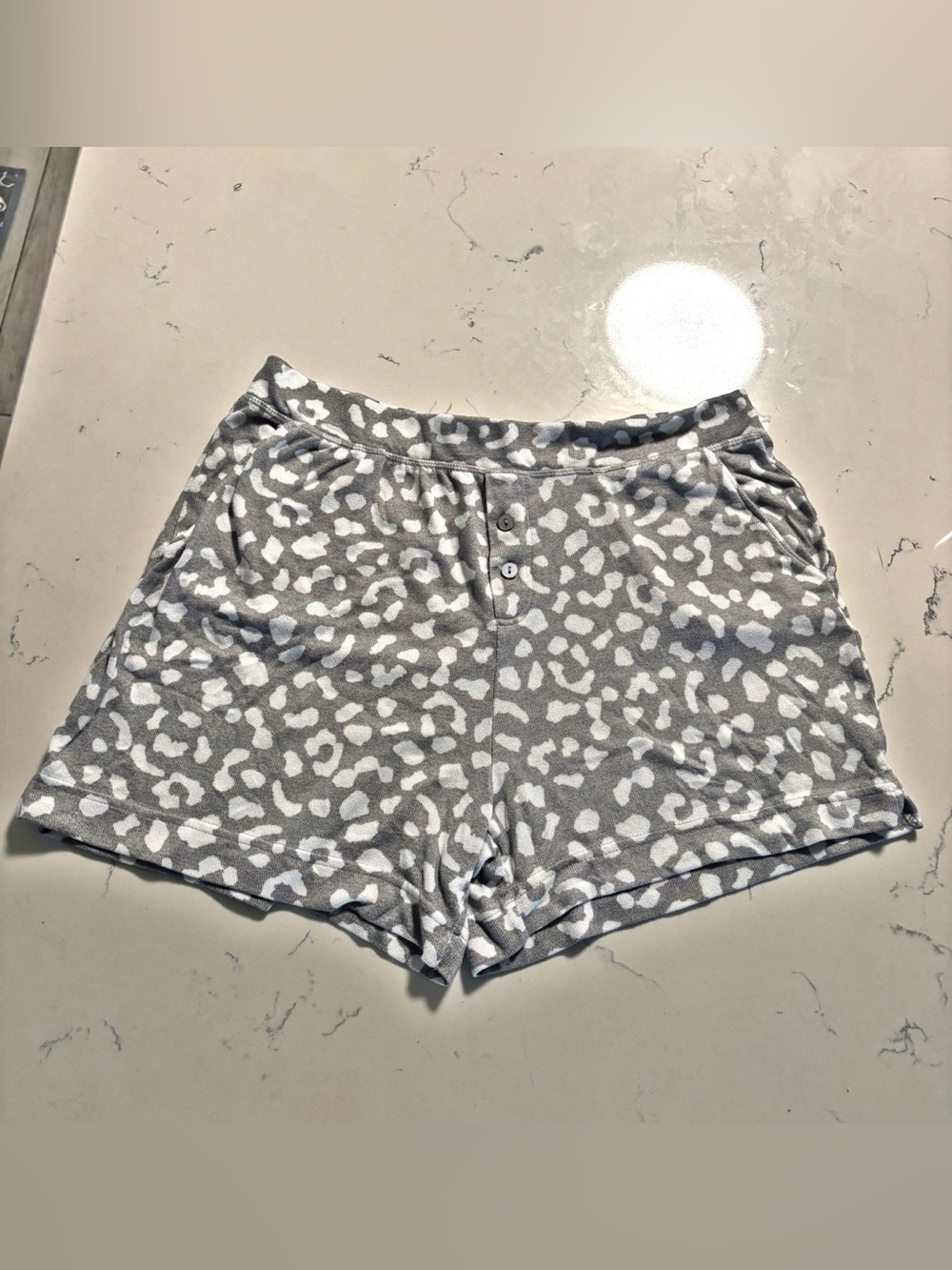 Super Soft Gray and White Leopard Print Women's Lounge Shorts, Medium
